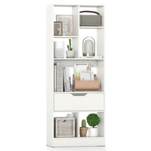 Costway 1 PCS 51” Tall Bookcase with Drawer 7 Open Cubes Anti-toppling Kits for Study Home Office White