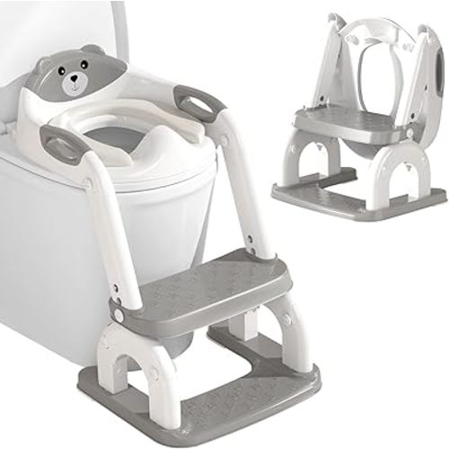 DEEKI Potty Training Seat Upgrade 2 in 1 Toddler Training Toilet Chair Potty Seat with Step Stool Ladder for Baby Kids Boys Girls(Grey)