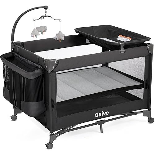 4 in 1 Baby Bassinet, Pack and Play, Bedside Crib Sleeper, Diaper Changer – Includes Comfy Mattress, Rocking Toy for Newborns to Toddlers (Black)