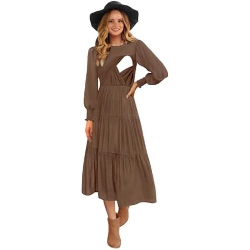 Womens Flutter Long Sleeve Smocked Tiered Nursing Dress for Breastfeeding