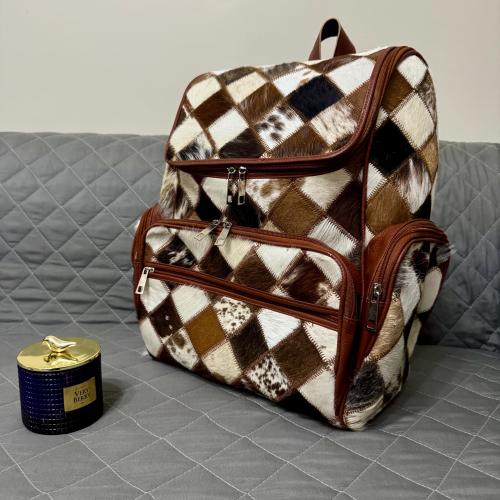 Cowhide Diaper Backpack Bag, Cowhide Backpack Bag, Brown White Large Cowhide Backpack Bag Gift for Mom, Kids Western Shoulder Backpack Bag