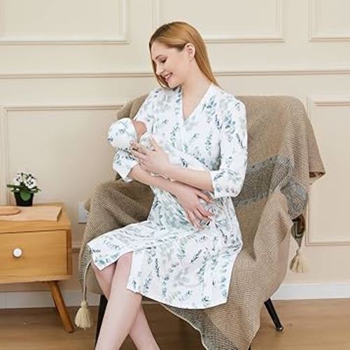 Galabloomer Maternity Robe and Baby Receiving Blanket, Matching Mommy Labor Delivery Robe and Swaddle Set Leaf (green leaf, M) at Amazon Women’s Clothing store