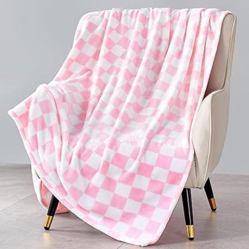 Pink Checkered Blanket, Ultra Soft Fleece Checkered Throw Blankets for Couch Bed and Travel, Luxury Throws for All Seasons, 50x60 Inch, Pink