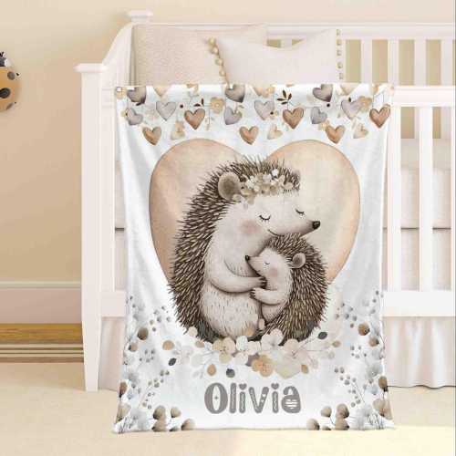 Hedgehog Baby Blanket Forest Animal Nursery Blanket Mom and Baby Toddler Throw Kids Custom Name Blanket Boho Baby Shower Gift Gender Neutral