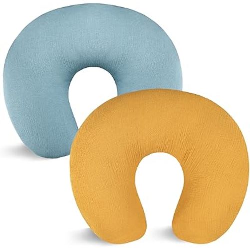 Hooyax Muslin Nursing Pillow Covers 2 Pack, Soft and Breathable Nursing Covers for Breastfeeding Pillows, Adorable Infant Feeding Pillow Slipcover for Baby Boy and Girls (Blue Ginger)