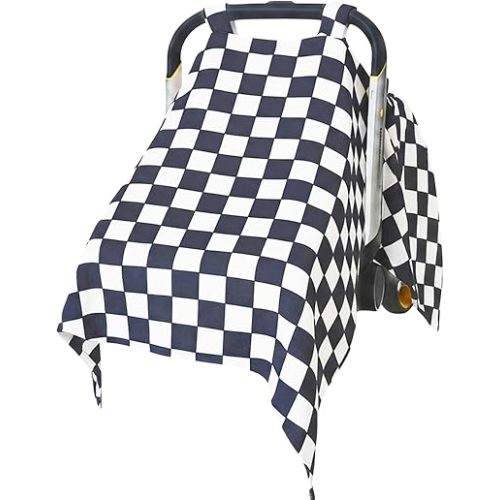 Muslin Baby Carseat Cover - Black & White Checkered Infant Carrier Canopy, Soft & Breathable Car Seat Cover for Babies, Lightweight Sunshade for Summer, Universal Fit for Boys & Girls