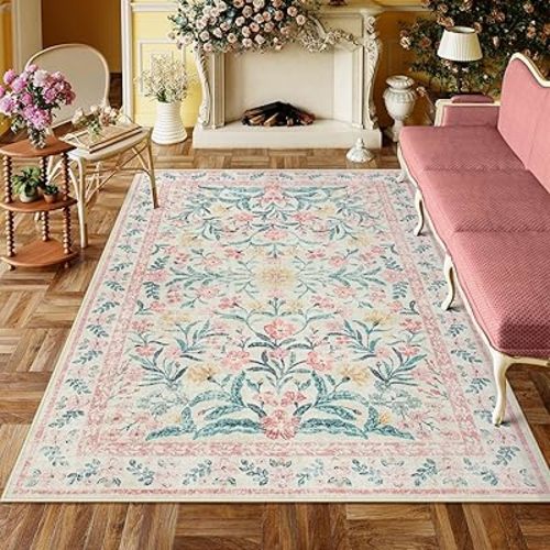 Lahome Pink Washable Rugs for Bedroom Girls 6x9, Boho Floral Living Room Rugs Non-Slip, Soft Low-Pile Nursery Carpet Rug for Dining Room Kids Room Dorm, Blush Pink