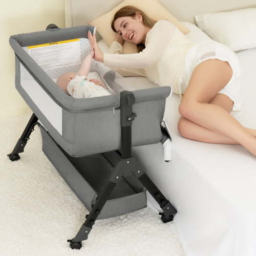 Bedside Sleeper Bassinet Adjustable Height with Breathable Mesh, Portable Crib, Easy Assembly & Foldable Design - Light Gray