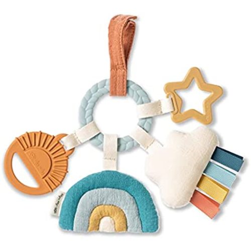 Itzy Ritzy Teething Activity Toy - Bitzy Busy Ring Features Braided Teething Ring and Dangling Toys; Includes Teether, Textured Ribbons, Crinkle Sound & Jingle Bell, Rainbow