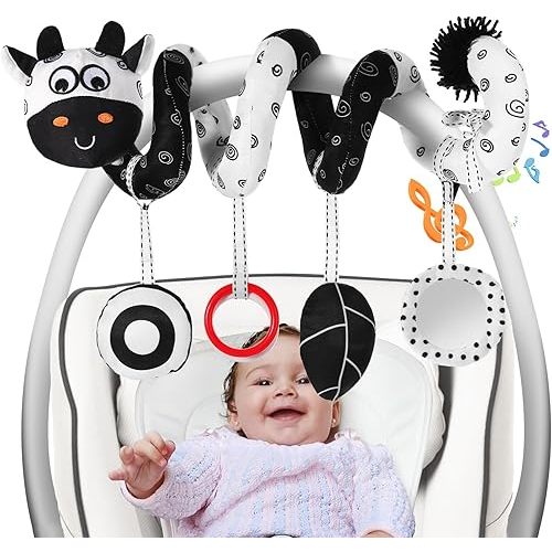 FATI Spiral Black and White Baby Car Seat Toys, High Contrast Toy Hanging Toys for Carseat Activity Toys, Newborn Plush Stroller Toys for 0 3 6 9 12 Months Boys Girls Sensory Development Ideal Gift