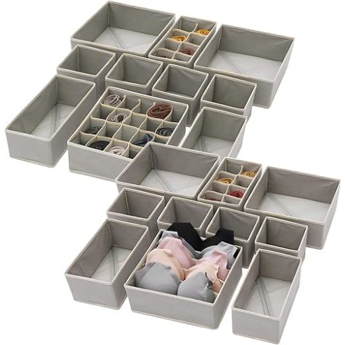 DIOMMELL Set of 21 Foldable Cloth Storage Box Closet Dresser Drawer Organizer Fabric Baskets Bins Containers Divider for Baby Clothes Underwear Bras Socks Lingerie Clothing,Grey 11-4249