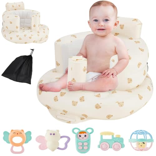 Baby Inflatable Seat + 5 Toys + Carry Bag - Ergonomic Backrest - 8 Ventilation Holes - Breathable Comfort - Built-in Air Pump - Ideal for Infants 3 6 12 24 36 Months (Bear)