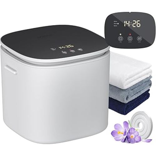 DOACE Towel Warmer Bucket, Small Hot Towel Warmer with LED Display, Heat Timer 20/40/ 60 Min, Up to 24 Hour Delay Timer, Fits Up to Two Oversized Towels,White/Gray, A16