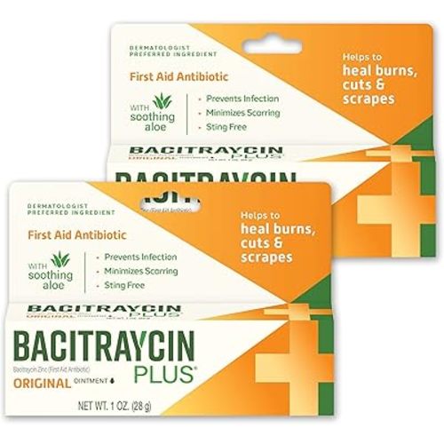 First Aid Antibiotic Wound Healing Ointment for Minor Cuts, Scrapes and Burns, with Bacitracin Zinc and Moisturizing Aloe Vera, Original, 1 oz, 2 Pack