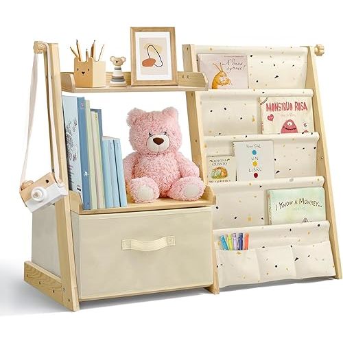 Kids Bookshelf and Toy Organizer 2 in 1,Book Shelf for Kids Rooms with Movable Toy Bin,4 Tier Toddler Sling Book Rack for Nursery Bedroom Playroom (Terrazzo)