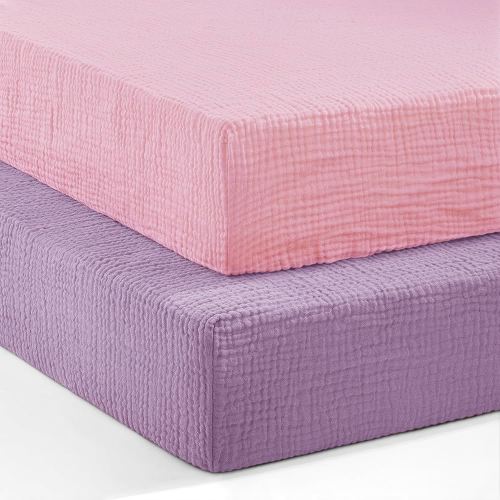 Pro Goleem- 2 Pack Muslin Crib Sheets for Standard Crib Mattress 52"x28", (Pink&Purple)
