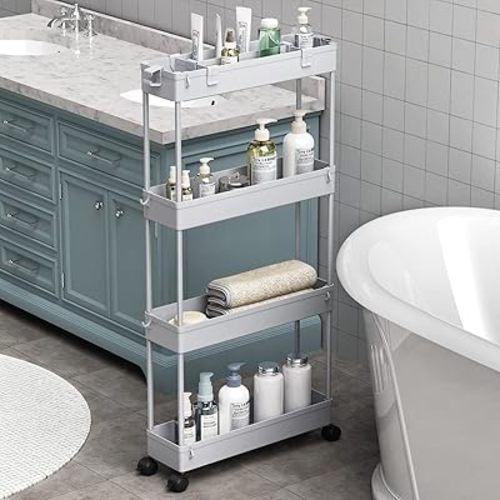 SPACELEAD Slim Storage Cart 4 Tier,Bathroom Organizer Rolling Utility,Mobile Shelving Unit Slide Out for Office, Kitchen, Laundry Room & Narrow Places,Gray
