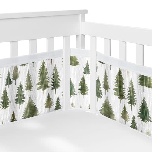 Sweet Jojo Designs + BreathableBaby 2-Piece Breathable Mesh Crib Liner Set (Sage Green Woodland) for Boys/Girls, Baby, Infants/Newborn Nursery (Forest Themed, Nature, Pine Tree, Abstract, Watercolor)