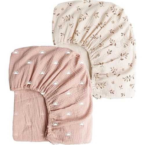 Konssy Muslin Fitted Crib Sheets 2 PCS 100% Cotton Baby Crib Sheets for Standard Crib Mattress (28"x 52"), Soft and Breathable for Boys, Girls (Pink Sun,Khaki Leaf)