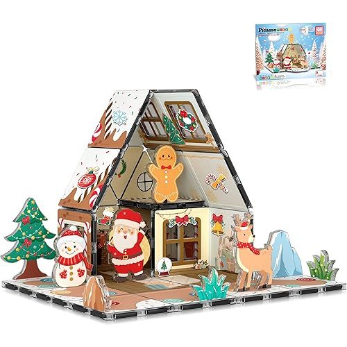 PicassoTiles Magnetic Tiles Christmas Gingerbread House Character Action Figure Santa Snowman Gingerbread Man Theme Construction Kit Magnet Building Blocks STEM Learning Gifts Toys PTQ09