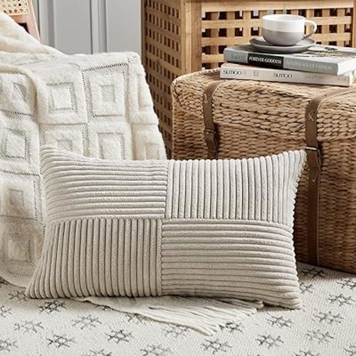 Fancy Homi Neutral Taupe Lumbar Decorative Throw Pillow Covers 16x28 Inch for Living Room Couch Bed Sofa, Farmhouse Home Decor, Soft Striped Corduroy Rectangle Accent Cushion Case 40x70 cm