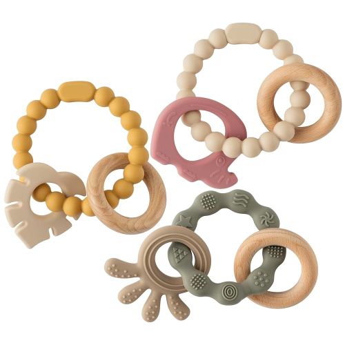 Silicone Teether Toys for Babies - 2ooya 3Pcs Animals Themed Teething Ring, Elephant Baby Sensory Chew Toys with Rattles for Newborn Boy and Girl to Soothe Sore Gums, Baby Shower Birthday Gifts
