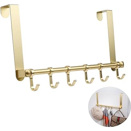 BOF Over The Door Hook - Space Aluminum Heavy Duty Over Door Hanger with 6 Moving Hooks for Clothes Towels Coats Bags, Gold Over The Door Rack for Living Room, Bathroom, Bedroom