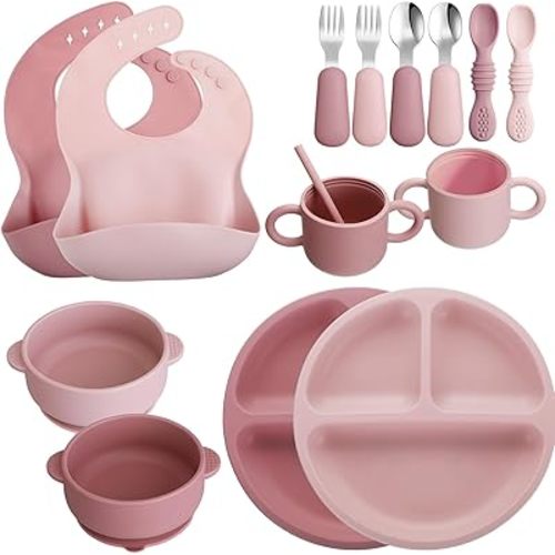 16 Pcs Baby Led Weaning Supplies Silicone Baby Feeding Set Baby Plates with Suction Baby Utensils with Divided Adjustable Bib Bowl Cutlery Snack Cup Spoons Straw 6 Months+ (Dark Pink, Dusty Pink)