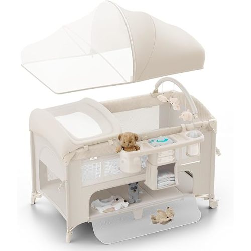 4 in 1 Baby Bassinet, Pack and Play, Bedside Crib Sleeper, Diaper Changer - Comes with Mattress, Mosquito Net，Bottom Storage and Toy Bar for Newborn to Toddles