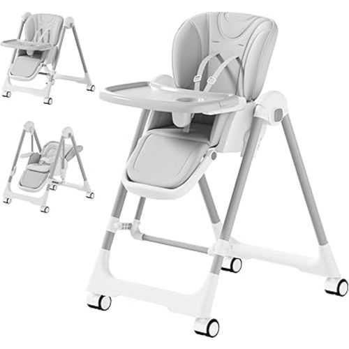 3-in-1 High Chairs for Babies and Toddlers, Foldable Baby High Chair with Rocking Mode, 5 Height Levels, Adjustable Backrest & Footrest, Lockable Wheels (Grey)