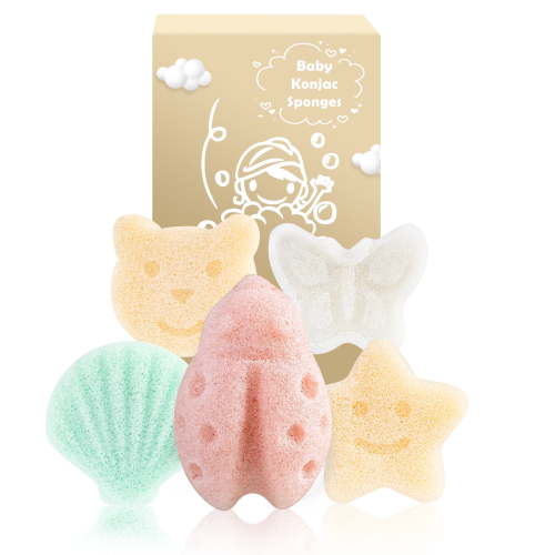 Konjac Baby Sponge for Bathing Newborn, 5 Pcs Kids Bath Sponges with Natural Cute Shapes, Plant-Based Toddler Bath Sponge, Baby Bath Accessories, Extra Soft