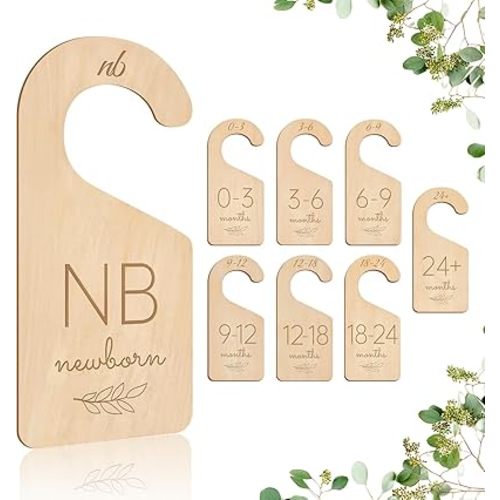 Wooden Baby Closet Dividers - 8 Pcs Double-Sided Design for Newborn Nursery Room Wardrobe Storage by Months Size - Perfect Toddler Clothes Organizer (Olive-1)