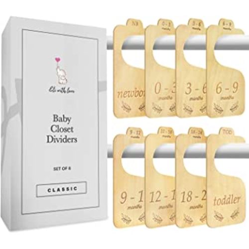 Baby Closet Dividers (Classic) by Eli with Love - 8 Premium Wood Double Sided Baby Closet Size Dividers - Ideal Baby Clothes Dividers for Closet – Organize Nursery Closet Hangers by Size/Age