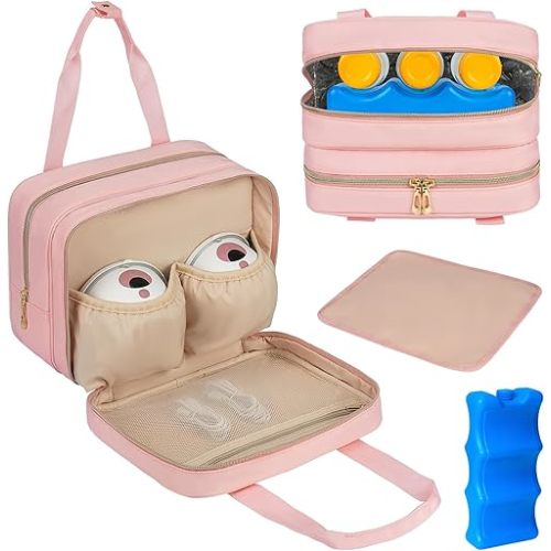 Breastmilk Cooler Travel Bag, Wearable Breast Pump Storage Bag Compatible with Momcozy/Medela/Elvie/Willow Breast Pump with Ice Pack and Waterproof Mat,Pink