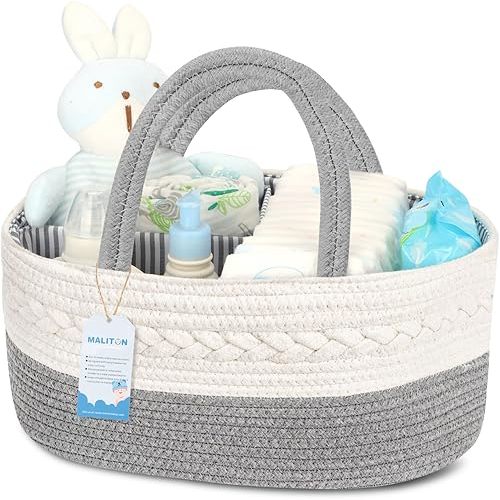Maliton Diaper Caddy Organizer for Baby Boy- Cotton Rope for Changing Table, Nursery Storage, Newborn Baby Must Have Items