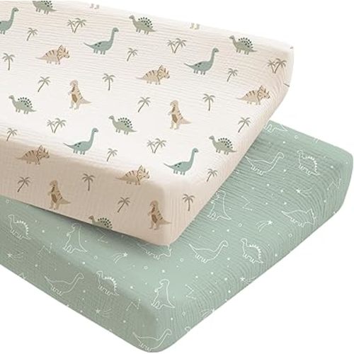 Konssy 2 Pack Muslin Changing Pad Covers for Boys, Ultra Soft & Breathable Cotton Baby Diaper Changing Table Covers, Neutral Nursery Diaper Changing Pad Sheets (Dino Jungle,Sage Dino