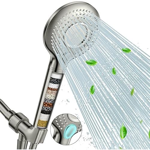 FEELSO Filtered Shower Head with Handheld, High Pressure 3 Spray Mode Showerhead with 15 Stage Water Softener Filters Beads for Hard Water - Remove Chlorine - Reduces Dry Itchy Skin, Brushed Nickel