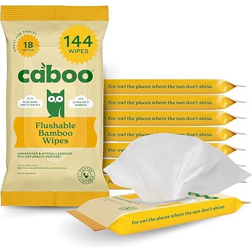 Caboo Tree Free Flushable Wipes, Travel Wipe, Certified Flushable, Septic Safe, Biodegradable Wipe for Adults, Pack of 8, Total of 144 Travel Toilet Wipes
