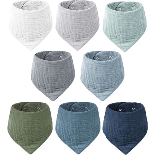 Konssy Muslin Baby Bibs 8 Pack Bandana Drool 100% Cotton for Unisex Baby, Solid Colors Set Teething and Drooling