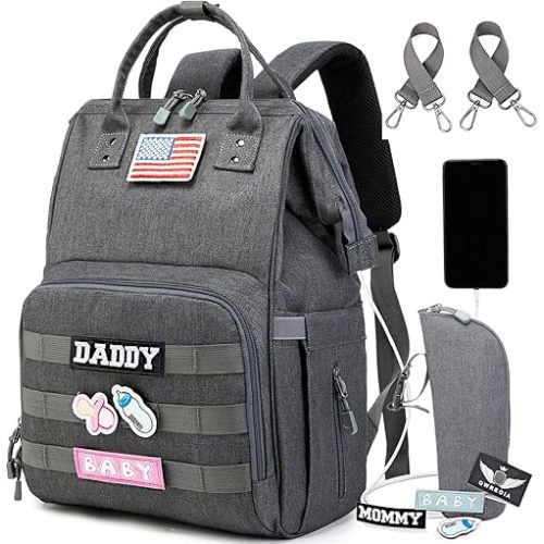 Diaper Bag Backpack for Dad and Mom with USB Charging Port Stroller Straps and Insulated Pocket,army military Travel Nappy Backpack (Dark Grey)