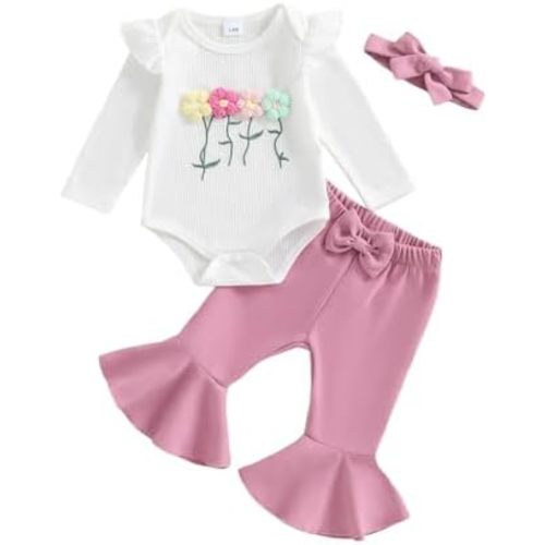 MERSARIPHY Western Baby Girl Clothes Newborn Rib Knit Ruffle Romper Bodysuit Bell-Bottom Pant Set Infant Fall Winter Outfits