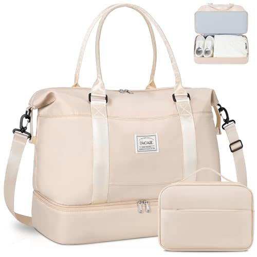 BAGAIL Travel Duffel Bag, Weekender Bags for Women, Overnight Gym Carry On Tote Bag with Wet Pocket, Hospital Mom Bag for Labor and Delivery - Extra Large Set, Beige