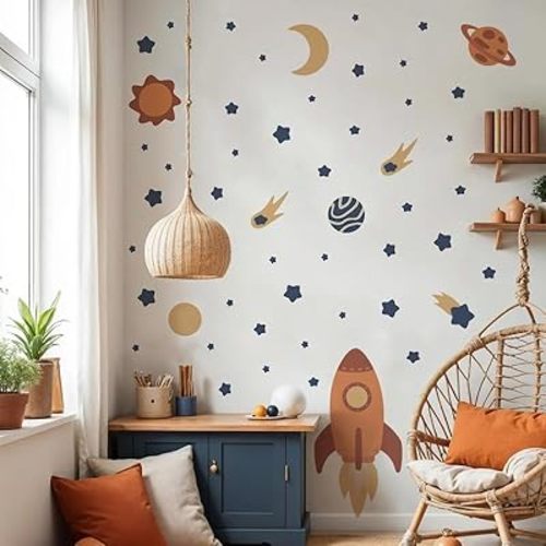 Outer Space Wall Decals, Peel and Stick Rockets Stars Planet Wall Stickers, Space Themed Wall Decor for Baby Nursery Kids Bedroom Boys Playroom Decoration