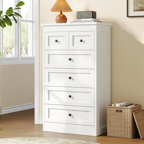 Tall 6 Drawer Dresser for Bedroom, White Modern 43.3'' Tall Wood Chest of Drawers, Storage Organizer with Smooth Metal Rails & Anti-Tip Kit for Closet, Hallway, Living Room