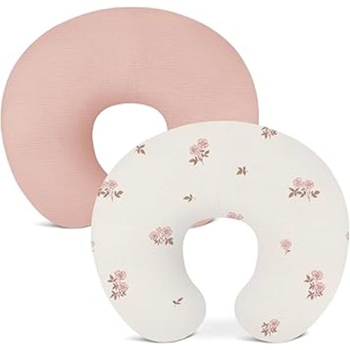 Nursing Pillow Covers 2 Pack, Muslin Nursing Cover for Breastfeeding Pillows, Comfortable for Baby Girls and Boys (Flower G & Pink)