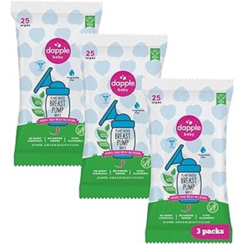 Dapple Baby Breast Pump Wipes - (3 Pack) 25 Count - Fragrance-Free, Plant-Powered & Hypoallergenic - Removes Milk Residue - Diaper Bag Essentials