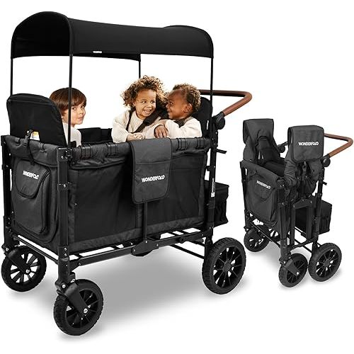 WONDERFOLD W4 Luxe Stroller Wagon (4 Seater) - Collapsible Wagon Stroller with Seats with Magnetic Buckle 5-Point Harnesses and Sun Canopy, Black