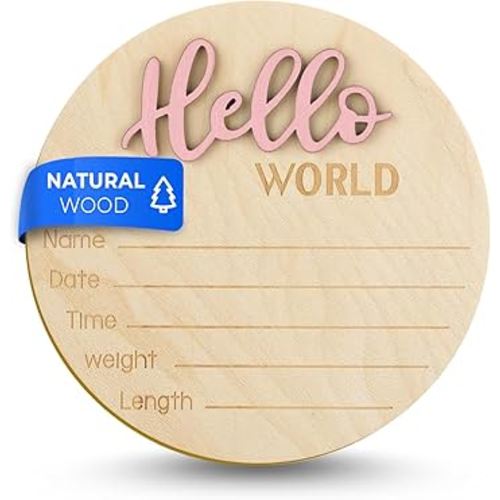Wooden Baby Announcement Sign, 5.9 Inch Hello World Newborn Welcome Sign Birth Baby Name Plaques for Photo Props (pink)