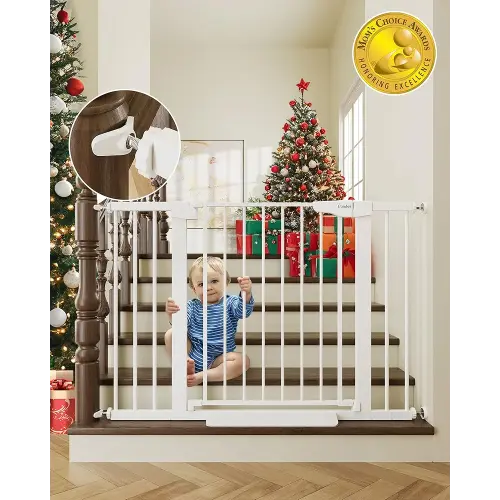 Cumbor 29.7-46" Baby Gate for Stairs, Mom's Choice Awards Winner-Auto Close Dog Gate for the House, Easy Install Pressure Mounted Pet Gates for Doorways, Easy Walk Thru Wide Safety Gate for Dog, White