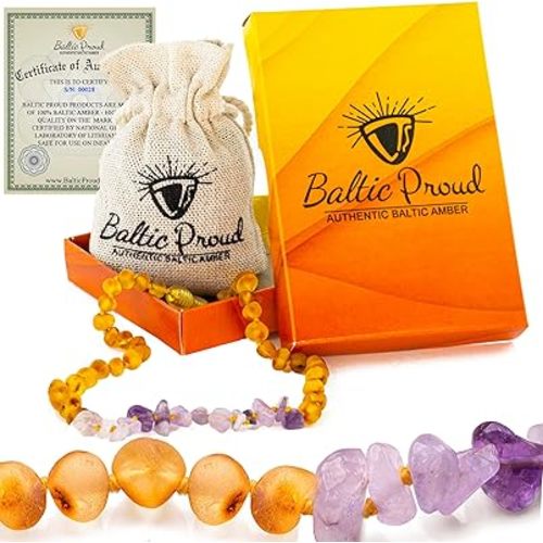 Baltic Proud Amber Necklace (Unisex Honey Raw Amethyst 12.5 Inches) - Certified Premium Quality Raw Baltic Sea Amber